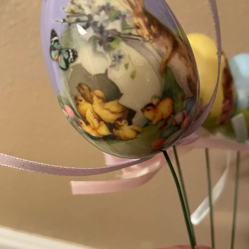 Vintage Decoupage Eggs with Vintage Easter Prints on Long Wire Picks with Ribbon